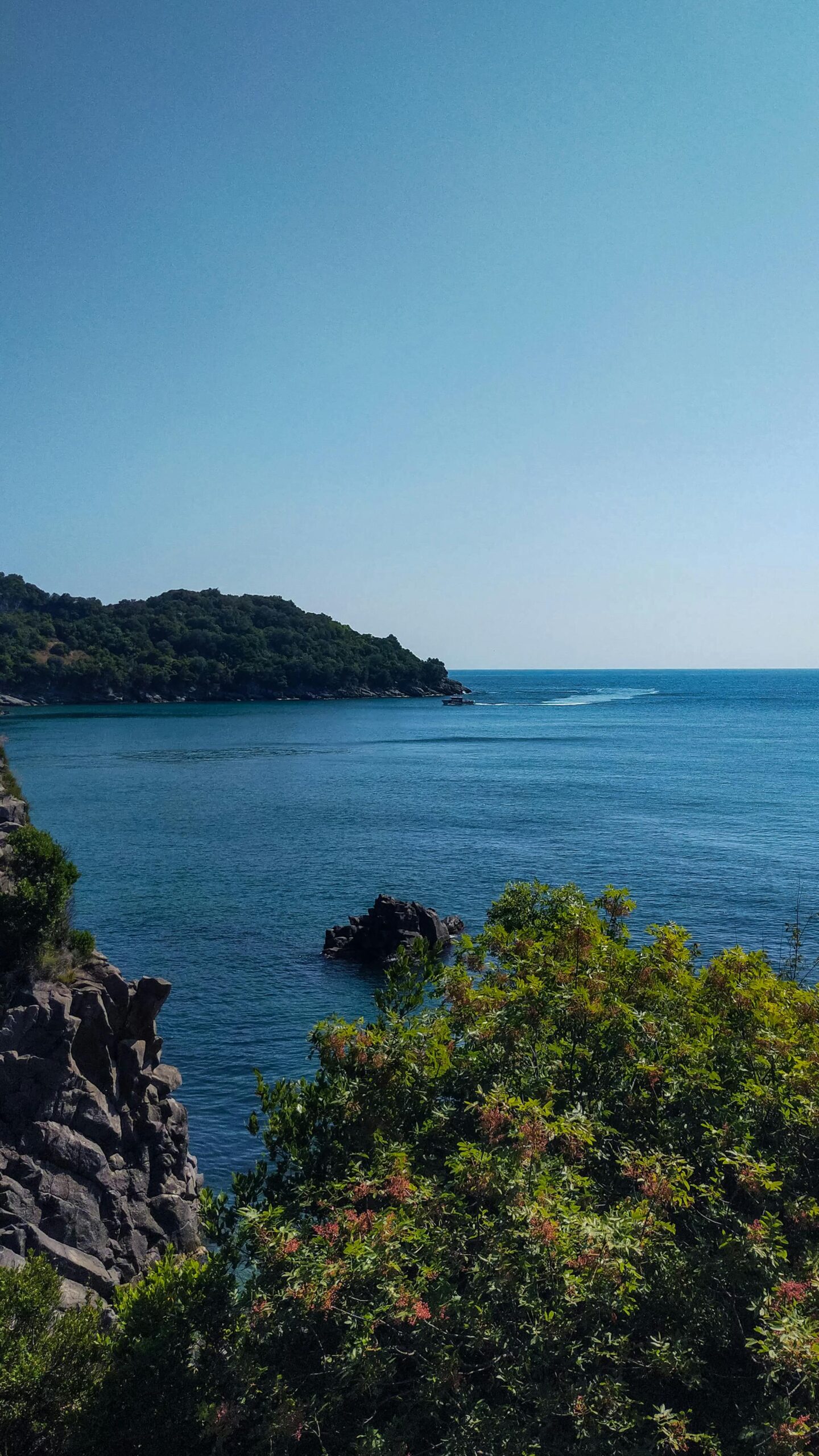 A breathtaking view of a rocky coastline with lush greenery and the vast clear blue sea under a bright sky.